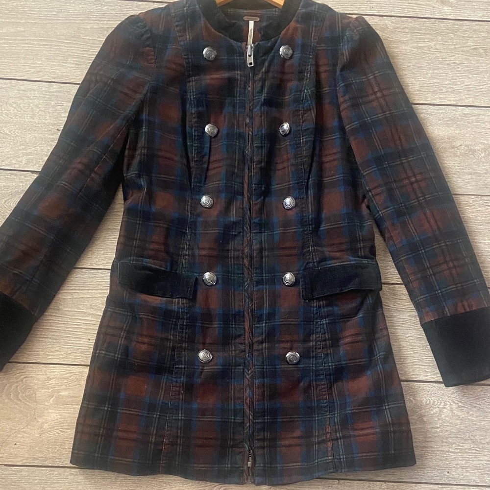 Free People Plaid Double-Breasted Trench Coat - Black and Brown